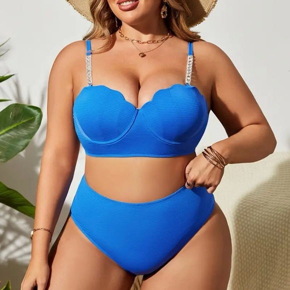 Plus Size Blue Scallop Push Up High Waisted Bikini Set - Picture 5 of 10